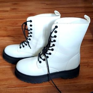 Lace up white faux leather boots